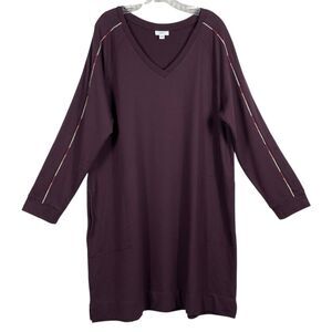 J.Jill Fit French Terry Embroidered Shift Dress Size 2X Long Sleeve Purple EUC